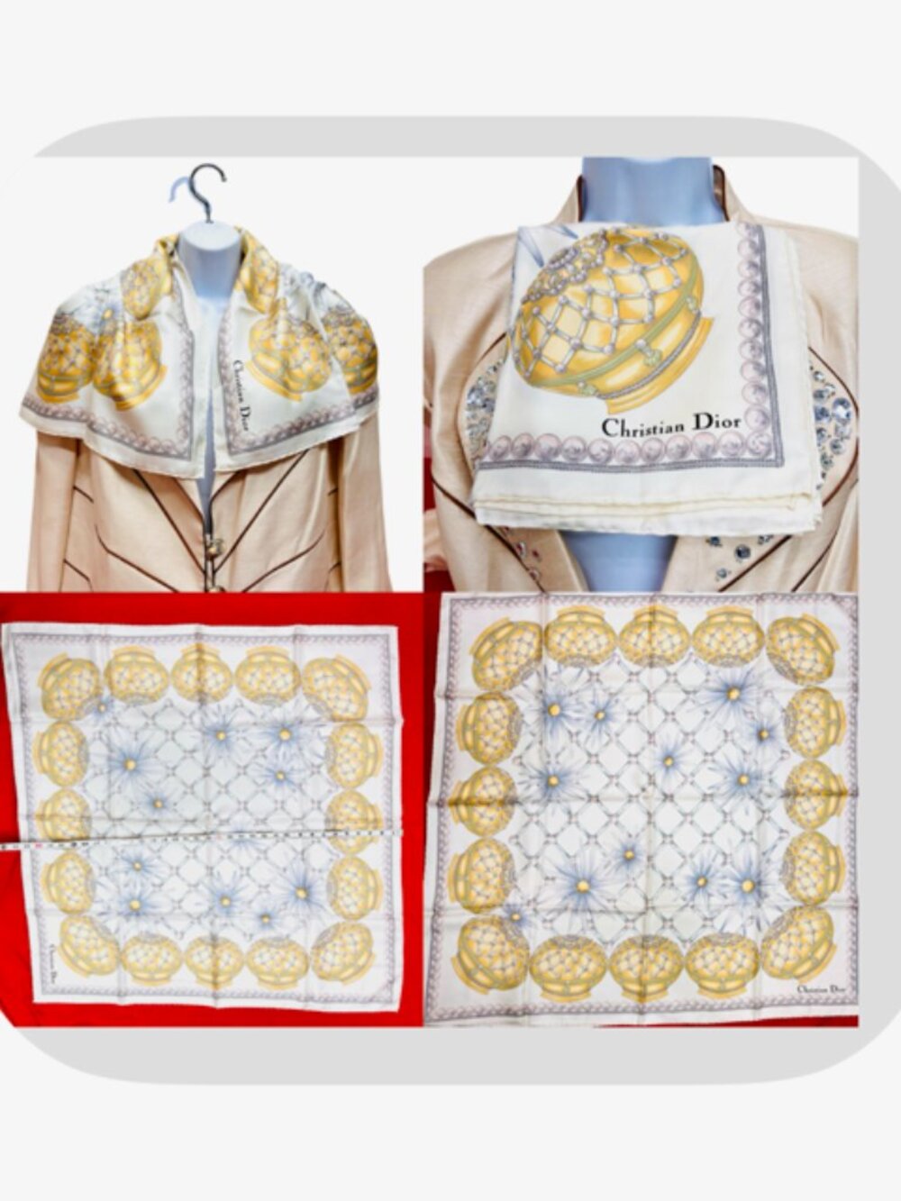 Beautiful Christian Dior 100% Silk Satin Scarf 34"Sand beige gold ceramic (32 - Picture 10 of 16
